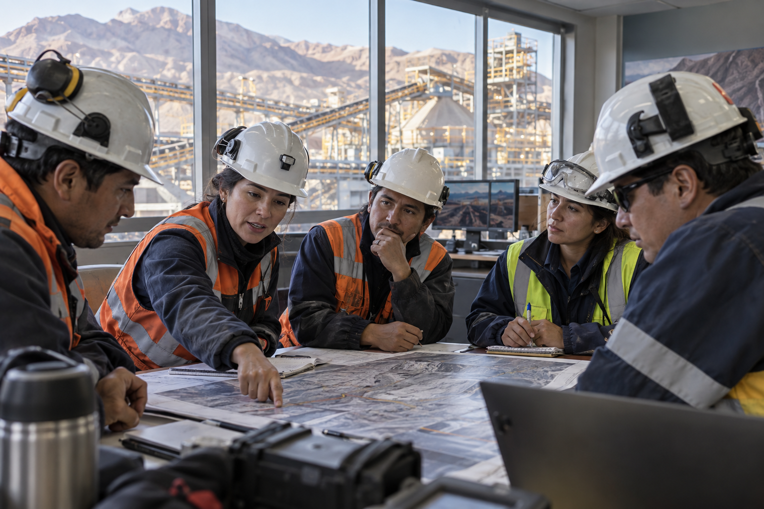Equipo minero coordinando el trabajo antes de iniciar el turno